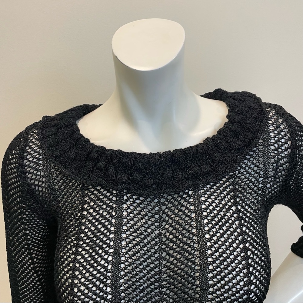 VINTAGE Y2K Water Drop Crochet Cropped Ruffle Sleeve Loose Knit Sweater - Picture 3 of 8